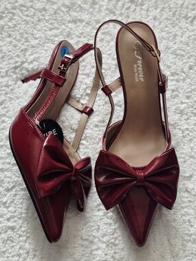Burgundy Bow Pointed Toe Slingback Heels